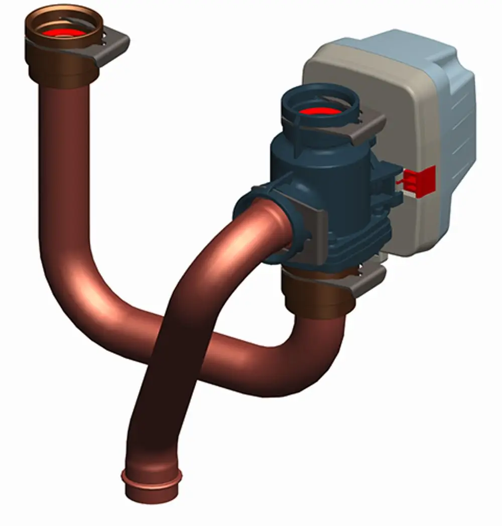 Daikin Ventil mit zwei Kupferrohren und einer zentralen Einheit, ausgestattet mit Anschlussmöglichkeiten für einen Warmwasserspeicher.